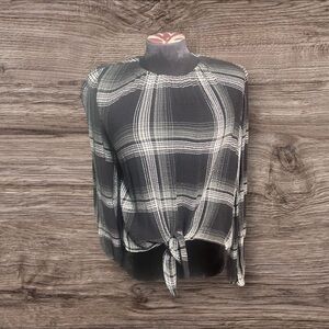 Bella Dahl Monochrome Black Gray Plaid Long Sleeve Top Knotted Size XS